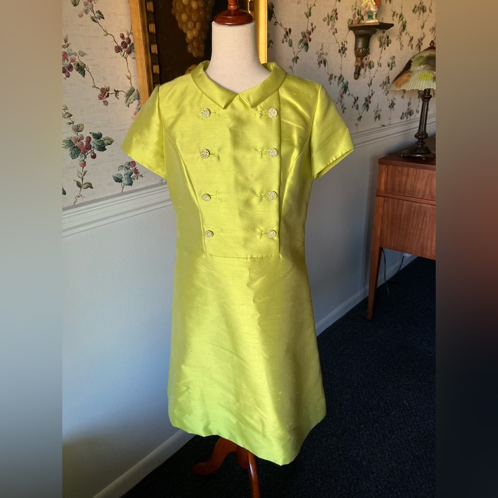 Vintage 1960s Lime Green Raw Silk Rhinestone Embellished Button Shift Dress
